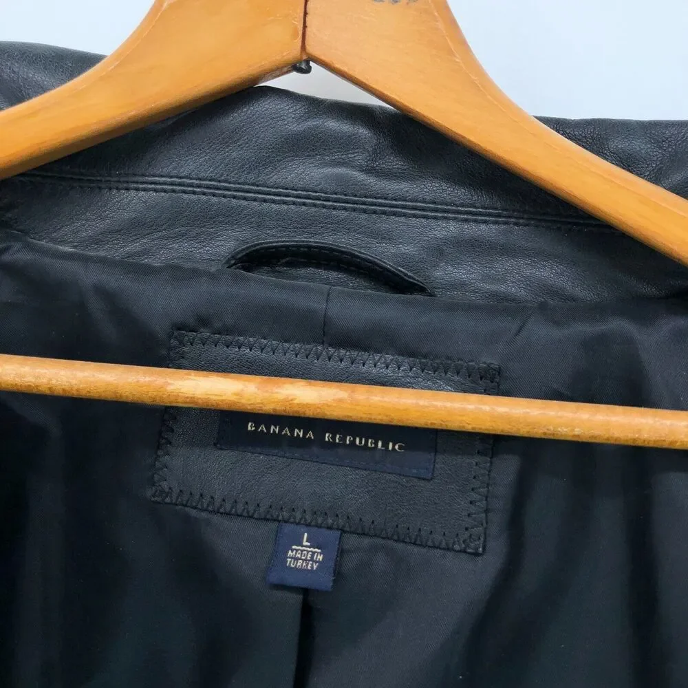 Banana Republic Black Genuine Leather Jacket Mens Large Vintage Y2K Full Zip EUC